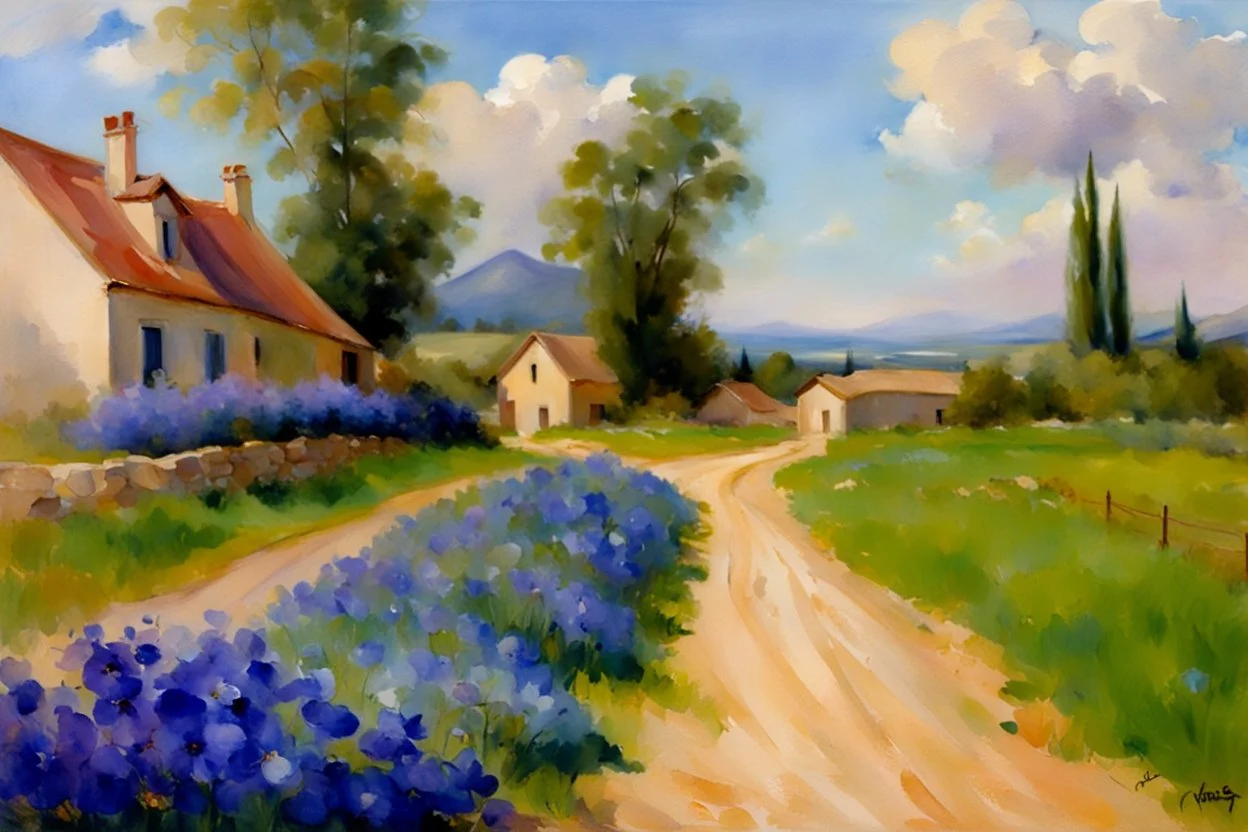 Sunny day, clouds, dirt road, flowers, mountains, houses, trees, john singer sargent watercolor paintings