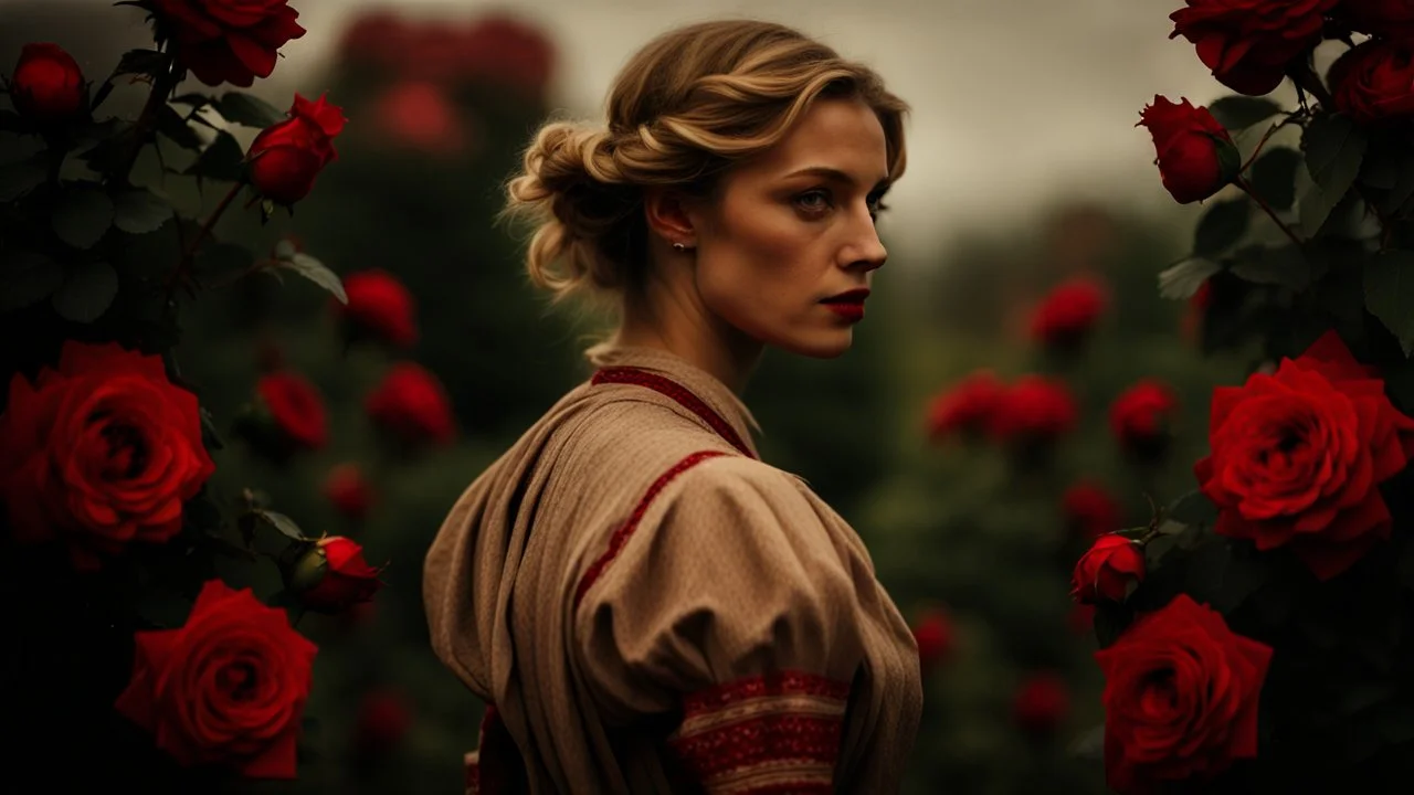 back to the camera a dark blonde young woman in old hungarian pale brown villager cloths and headscarf stands in front of the nice red rose bush, und dark red running roses around, high detalied, sharp focus, high realistic, perfect photo