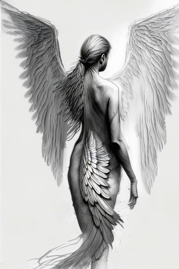 full body woman angel from back, angel wings rip through her skin, bun haired angel wearing long tunic ultra realistic drawing