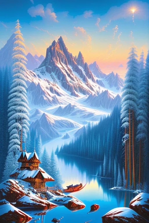 mountain with ice-cream on top, lake, trees, mystical, art deco