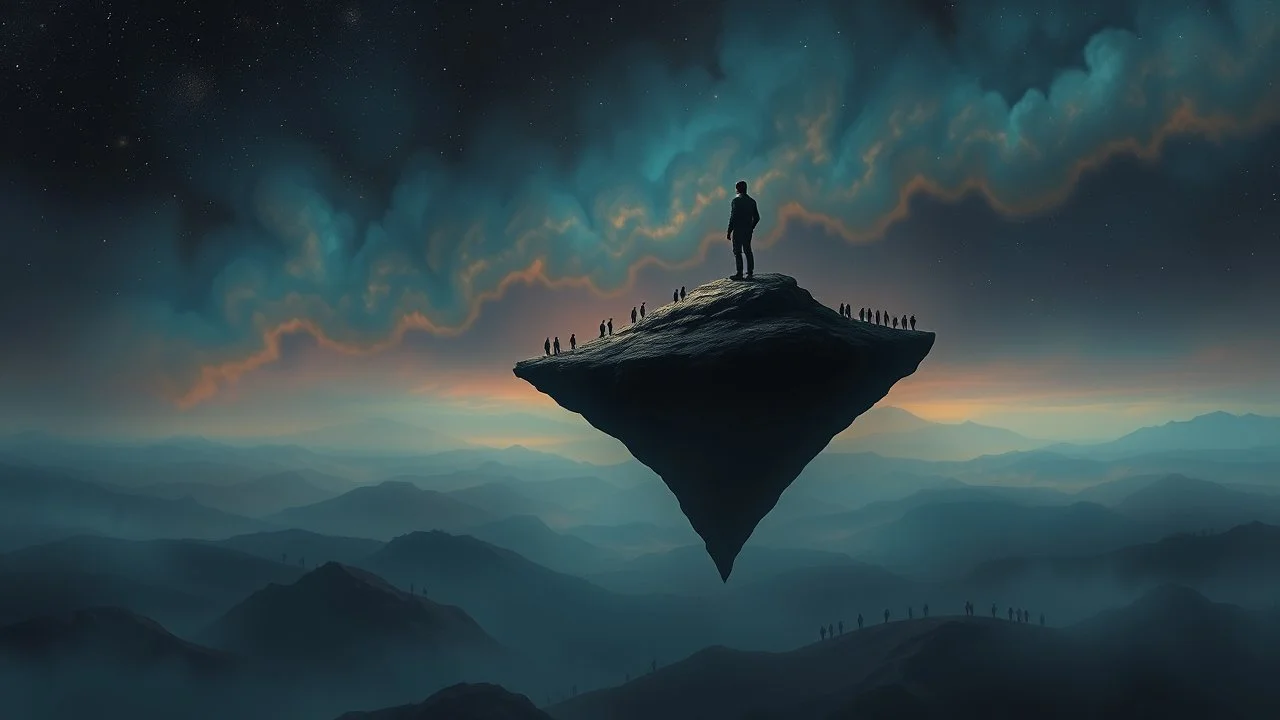 one alone human stands on deep dark colors little floating island. the island floatings over colors landscape with many little humans. normal neurotipical lifes contrast the weird inner world with neurodivergens soul and mind,, Whimsical strange style of Chagall, of Bosch of giger and Anton Semenov. weird absurd beauty nightmare, in background neuronic network, Whimsical surreal vibe, cinematic