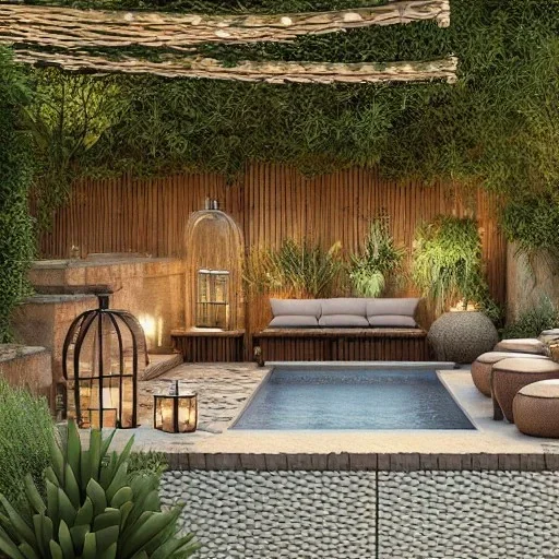 a gorgeous, stunning garden deck with rustic walls and floor, wicker furniture, string of illuminated globes, tranquil pool surrounded by smooth stones, lit candles, plants, cozy, 8k resolution, high-quality, fine-detail, zen-like, digital art, detailed matte, volumetric lighting, illustration, 3D octane render, brian froud, howard lyon, selina french, annie stokes, lisa parker, greg rutowski