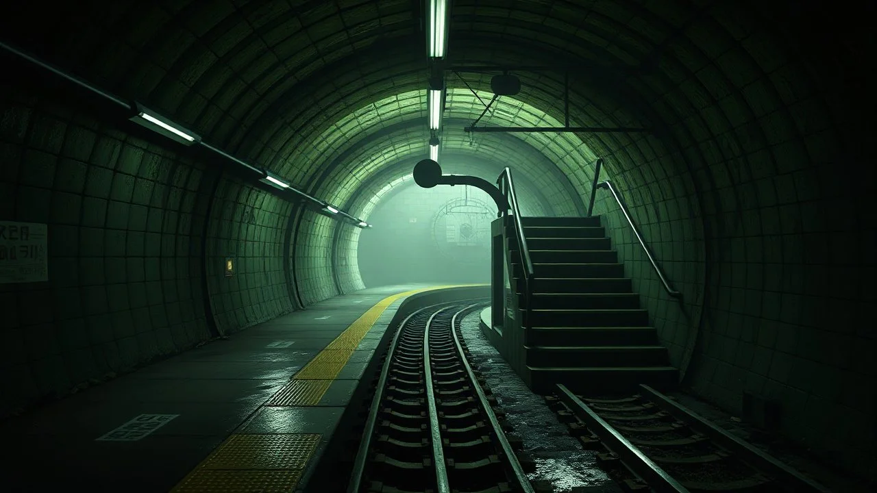GAME CONCEPT ART .two poin perspective.Station platform and stairs from side .photograph inside of hole .big ambient.gient station.Inside the old subway tracks, . Low light and closed green moss walls. Like the original design of the game space ,digital art.landscape,far camera old painting,2 Chen and George Hopper, Rembrandt lighting, a dark green color scheme, . --ar 13:16 --v 6. 0 metro game