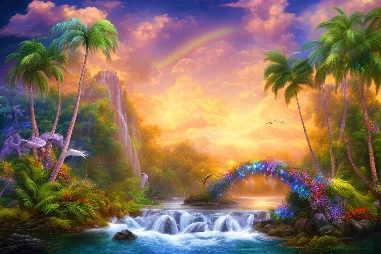 island waterfall palms twigs spring sunset rainbow bridge birds