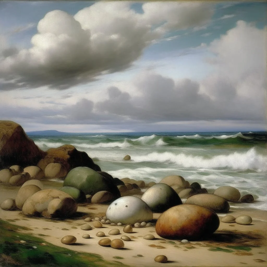 A seashore with Ica stones on them painted by Gustave Courbet