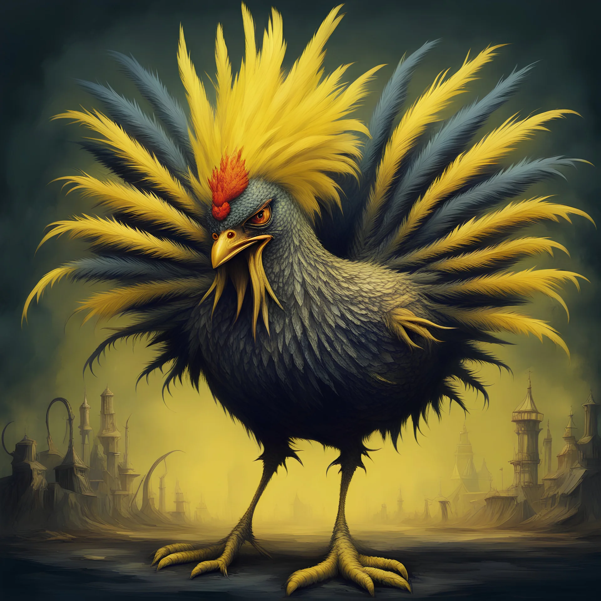 Bipedal creature resembling a chicken with bright yellow feathers covered in spikes with one large evil eye and a beak full of freaky fangs and a long reptilian-like tail background haunted carnival in lyrical abstraction art style