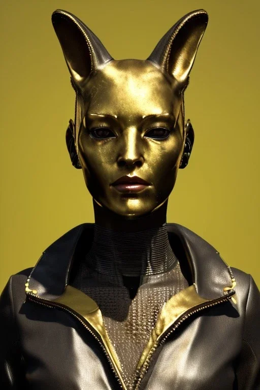 Medium Close Up Portrait, Front image. cyberpunk, rabbit mask, sweet woman, gold hair. Leather, feather suit army. Yellow, red, color. Ornament classic style. Color background, photo studio. Avatar image, highly detailed, concept art, smooth, unreal engine 5, ray tracing, RTX, lumen lighting, ultra detail, volumetric lighting, 3d, finely drawn, high definition, high resolution.