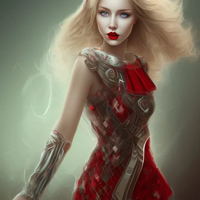  a full body portrait of beautiful queen, has pale blonde hair and green eyes, red lips, wearing red dress