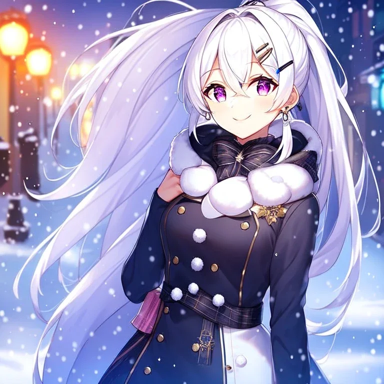 girl, masterpiece, best quality, volumetric lighting, detailed outfit, perfect eyes, long hair, white hair, purple eyes, snowing, winter clothes, smiling, street, ponytail, hairclip, earring, hair between eyes,