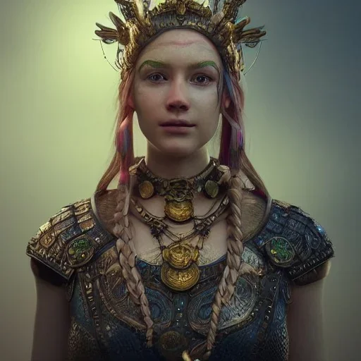 highly detailed beautiful girl viking queen portrait, red glass armor, blue delicate braided hair, green facial paint, gold necklace, cinematic lighting, 4k, 8k, octane render, digital concept art, trending on artstation, pinterest, extremely detailed, ambient lighting.