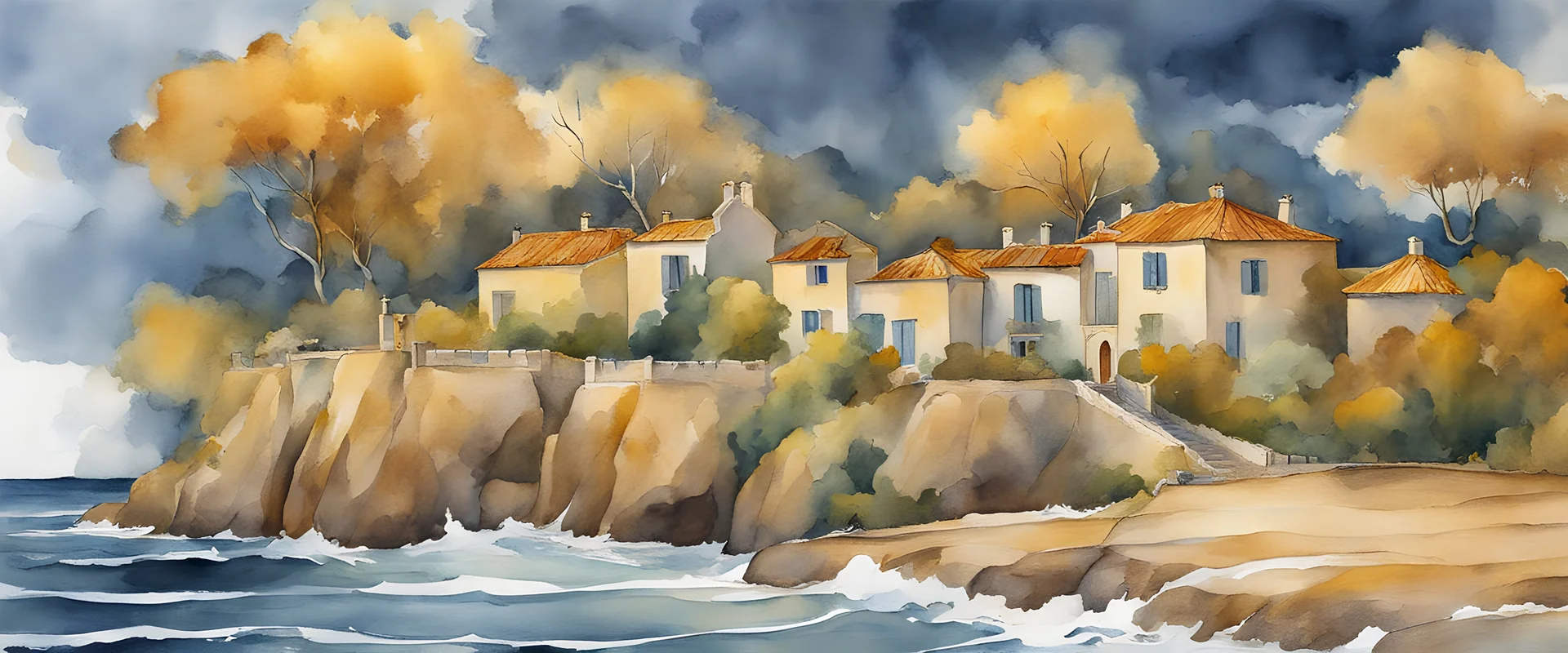 Style Cézanne, luxury, dream world, calm beauty, fantasy world, magic, beautiful composition, exquisite detail, fantasy concept art stormy coast with golden trees, lineart, watercolour