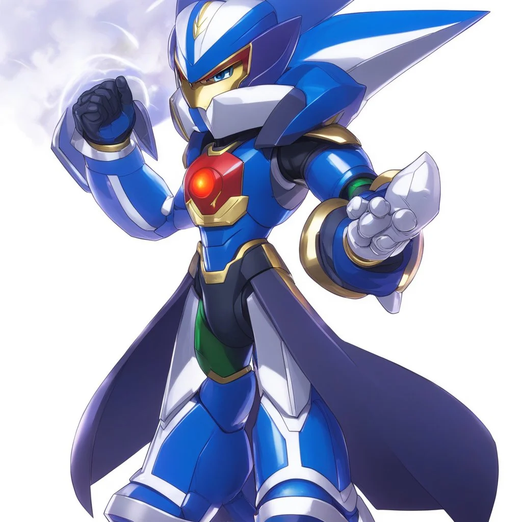 A sleek robotic warrior blending MegaMan Zero. The design features Zero's RED color scheme, with gold accents on shoulders, chest, and gauntlets, plus white highlights on the limbs. The aerodynamic body combines Neo Metal Sonic's sharp, angular edges with Zero's humanoid proportions. A glowing green plasma saber is held in one hand, while an energy cannon adorns the other. The helmet merges Zero’s crest and gem centerpiece with Neo Metal Sonic's spiked crown.