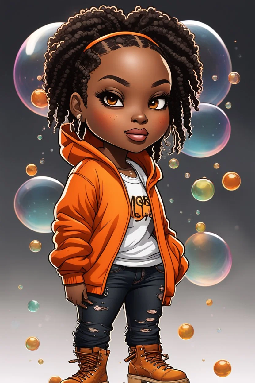 Create an colorful urban comic book illustration of a chibi cartoon black female thick curvy wearing a cut of orange hoodie and black jeans and timberland boots. Prominent make up with long lashes and hazel eyes. Highly detailed shiny sister locs. Background of a large bubbles all around her