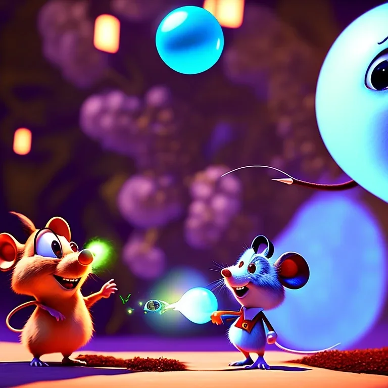 The mouse and the hangman discussing the future of the universe on bubble world, art by Pixar and Dreamworks