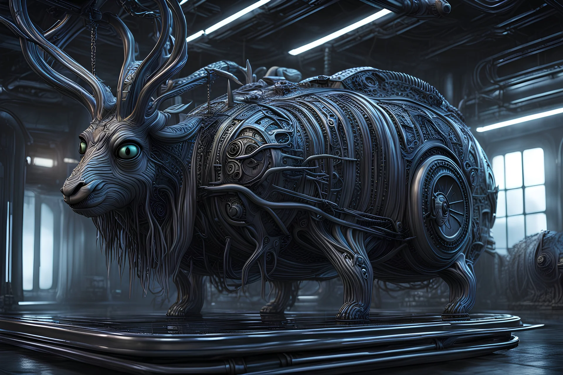 A remarkable Pixar image, sculpture, rag8ng, sad markhor in submarine, artwork by Alvin Ailey, HR giger intricate and insanely detailed, trending on artstation, iridescent, 8k, time loop photorealistic