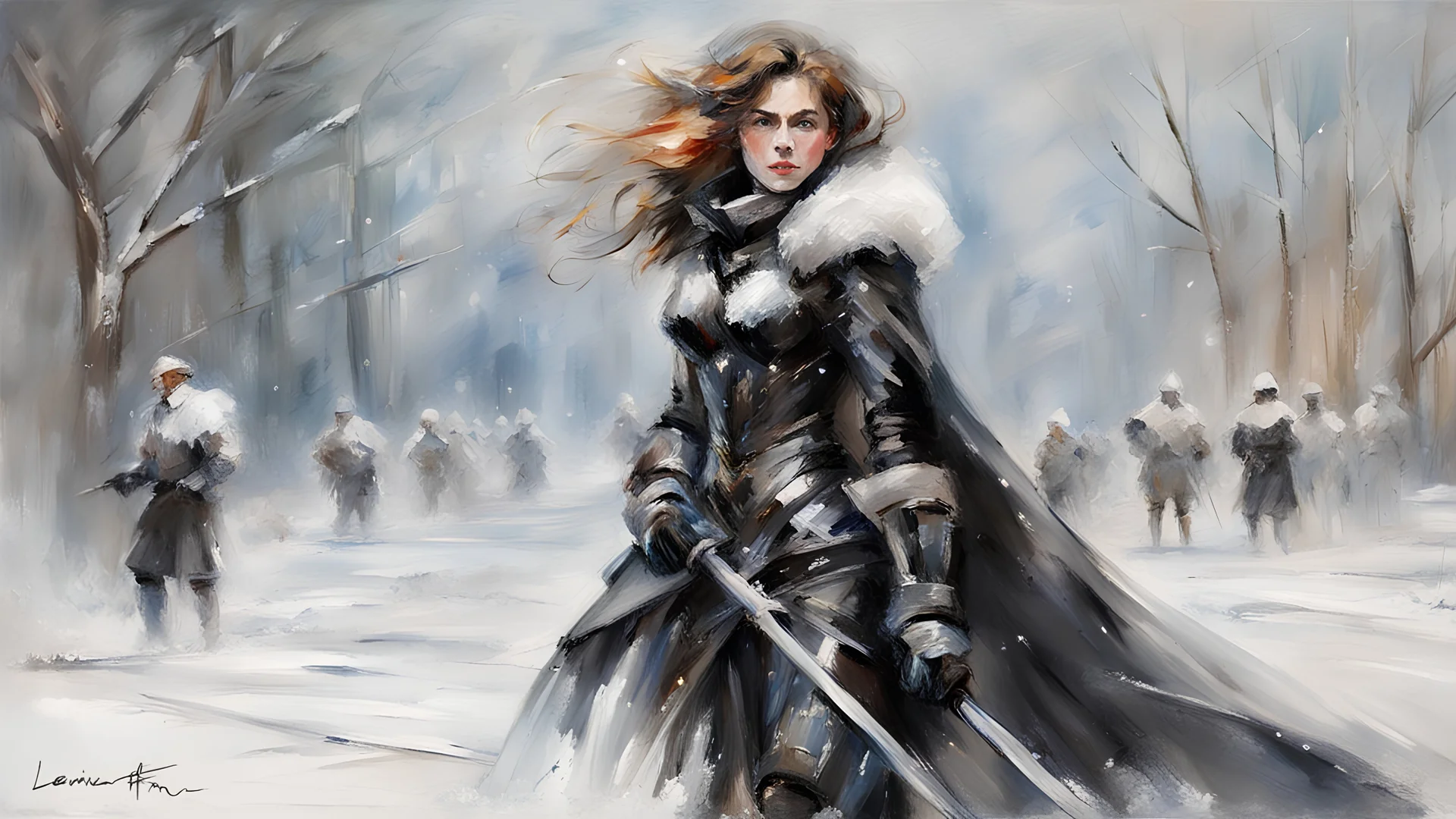 a warrior woman in black armor on the background of a cold snow-covered country, ice and crystal, frost and snow, oil and pastel, by Leonid Afremov & William Kentridge & Anna Razumovskaya