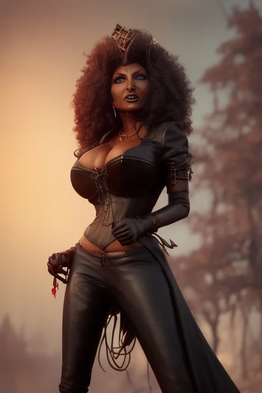 Pam Grier as evil queen in black leather, leather, busty, cleavage, angry, stern look. character design by cory loftis, fenghua zhong, ryohei hase, ismail inceoglu and ruan jia. unreal engine 5, artistic lighting, highly detailed, photorealistic, fantasy