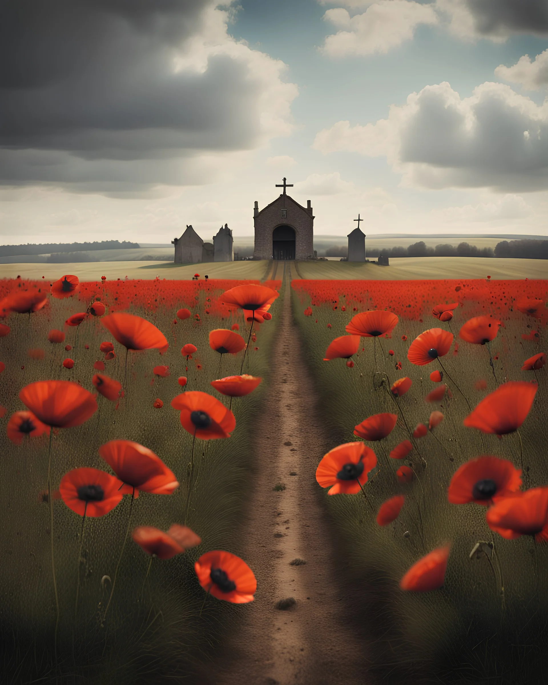 In Flanders fields the poppies blow Between the crosses row on row The larks fly hyper real photograph