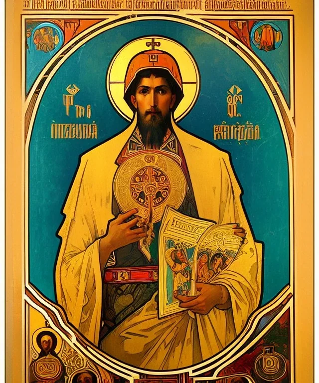 saint patron of photographers holding camera in hands. orthodox icon. Cyrillic inscriptions. hyperdetailed, Alphonse Mucha, poster, illustration, ink, oil on canvas, 18th century atlas