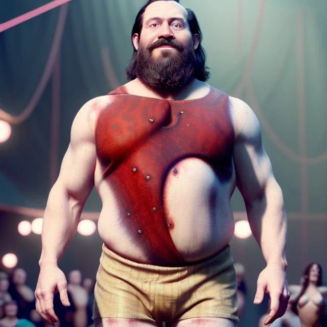 Ultra realistic circus scene. Classic Naked strongman waist up view, Wes Anderson style, happy, bubbles, highly detailed, concept art, unreal engine 5, god rays, ray tracing, RTX, lumen lighting, ultra detail, volumetric lighting, 3d, finely drawn, high definition, high resolution.