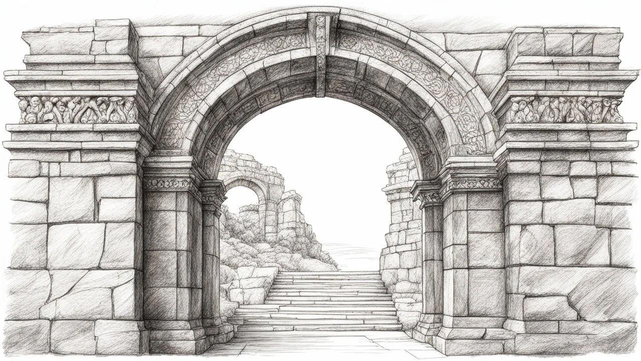 outline pencil sketch of an ancient archway made of carved stone