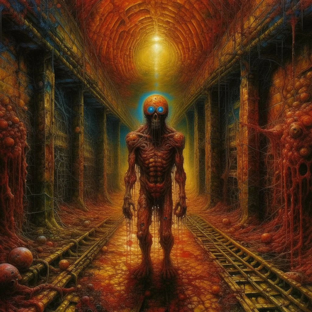 Heavy metal album cover, by Wes Benscoter and Dan Mahurin, claustrophobic fear of being alone, sinister eulogies, warm colors, weirdcore, unsettling, asymmetric diagonal composition, sinister metaphorical abstractions, pointillism oil painting