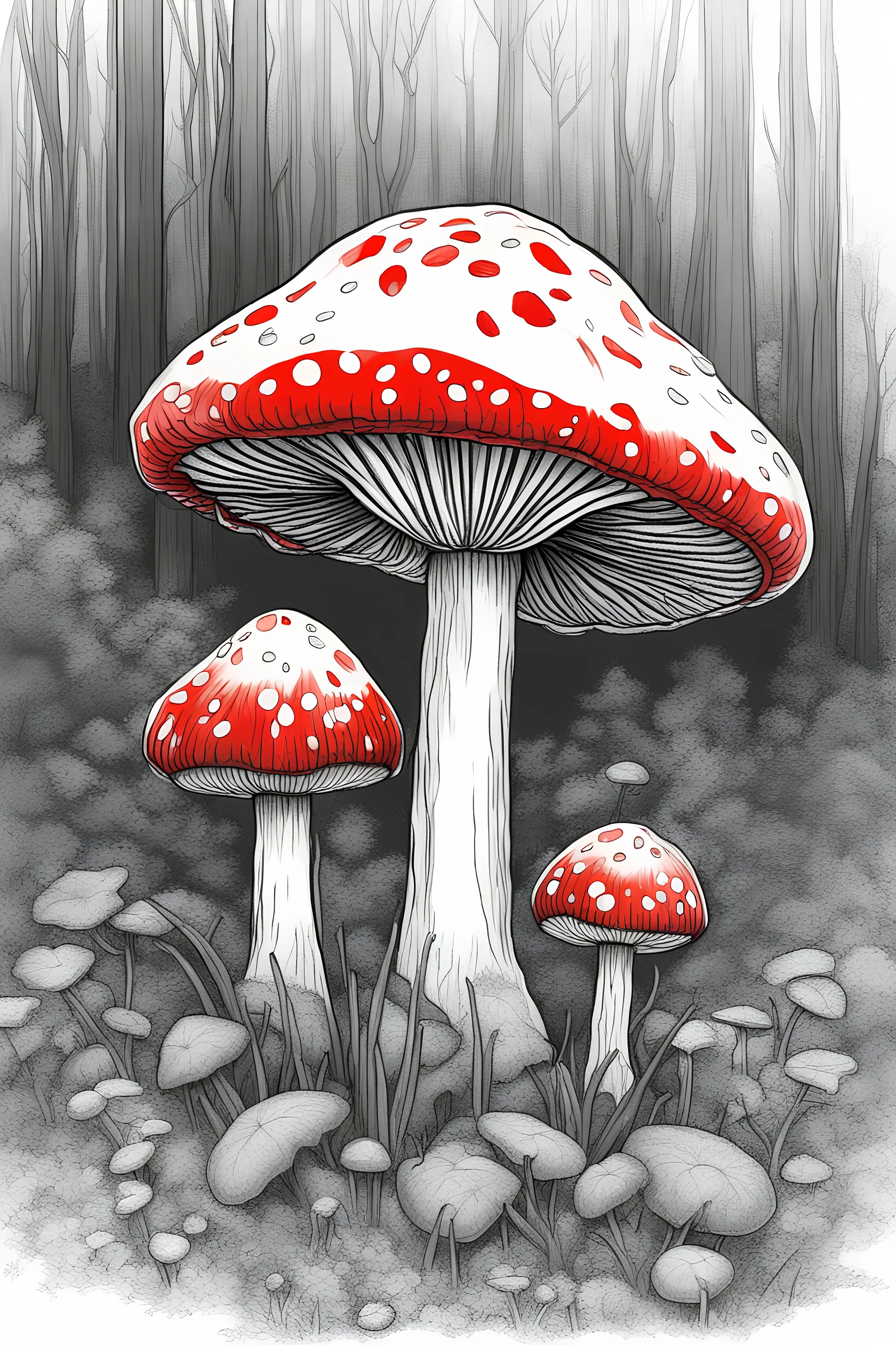 Draw a Fly Agaric mushroom. The lines should be thick and clear, without any shading, solid black or fine detail lines.