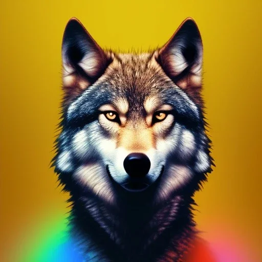 Wolf, red, orange, yellow, green, blue, purple, masterpiece, expert, 8K, hyperrealism, sharp focus, cinematic lighting