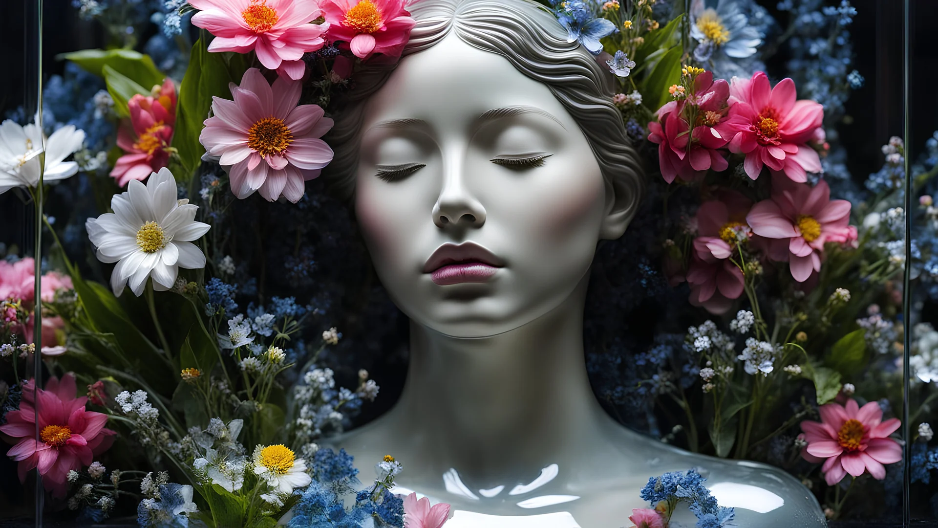 paint, close-up photo of statue made out of transparent glass,beautiful young girl,flowers inside the statue,flowers inside,floral design,plants under glass,emotional,dark,modern,abstract,(closed_eyes:1.1),parted lips,ears,glass,rough texture,see-through,