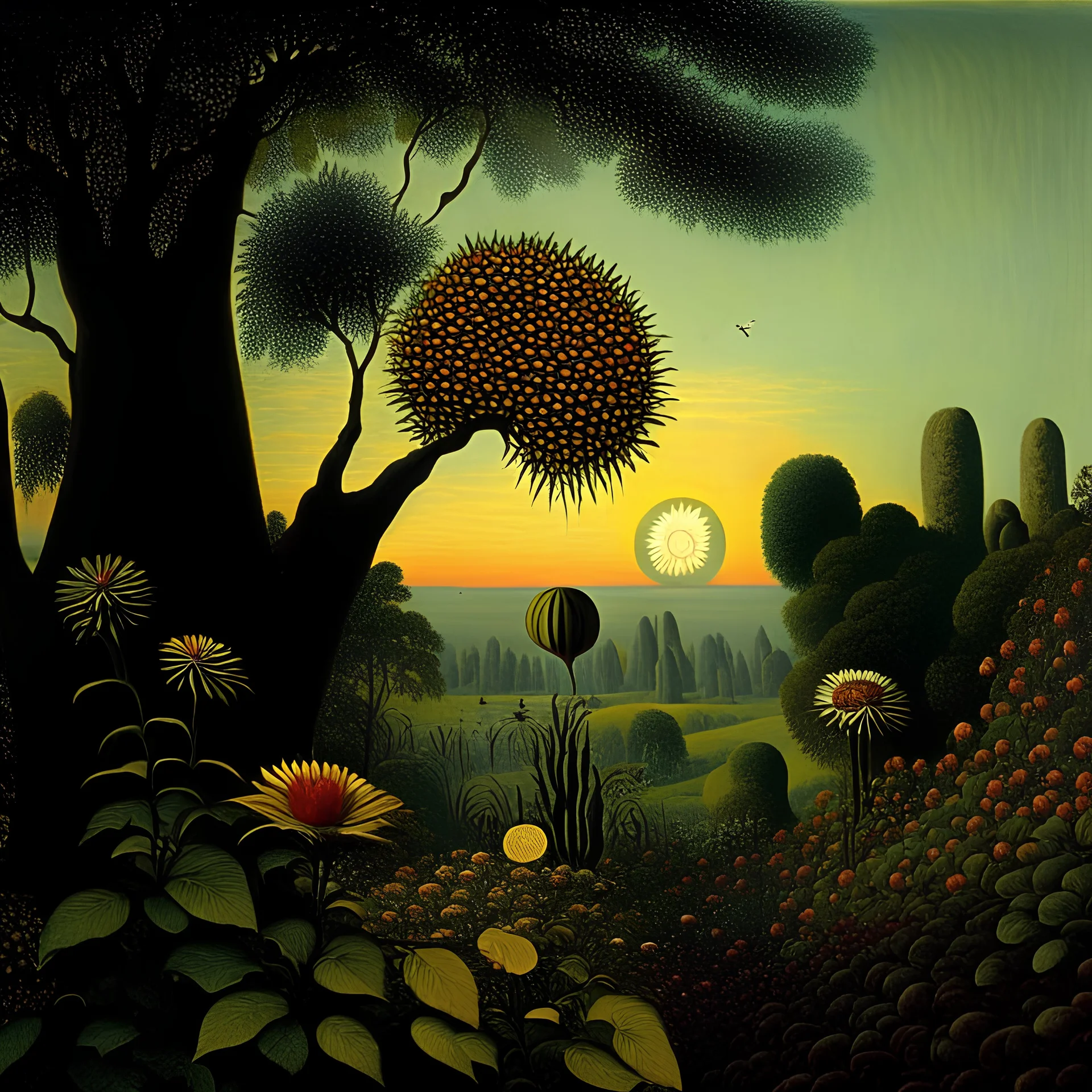 High definition photography of a marvelous landscape, odd still figures, trees, flowers, sun, intricate, atmosphere of a Max Ernst painting, Henri Rousseau, thoughtful, interesting, a bit appalling, smooth