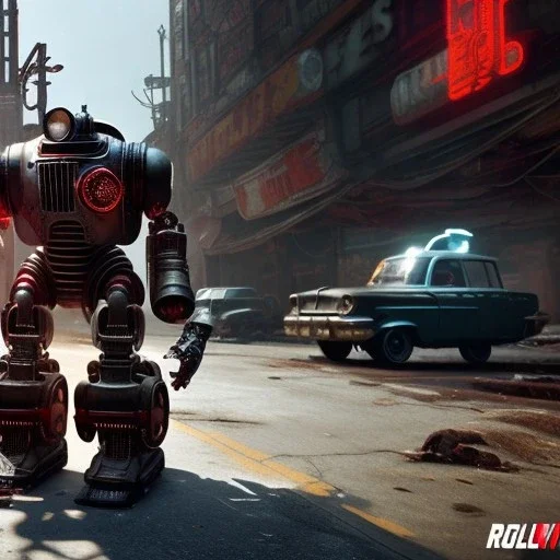 fallout 4 character, robot santa on rollerskies in the streets of cyberpunk city, unreal engine