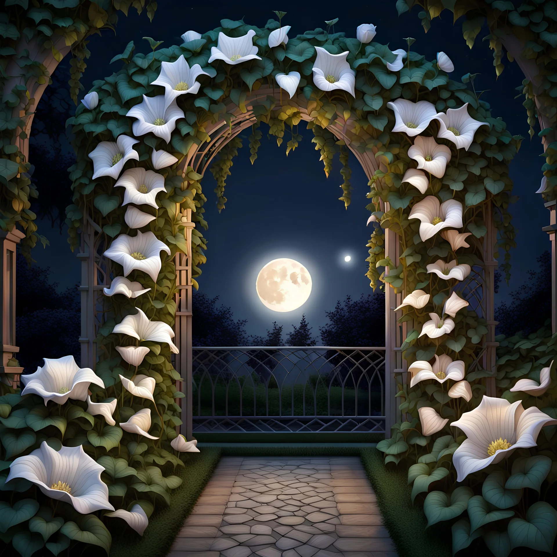 (realism style), beautiful arch trellis, (moonflowers) beautifully covering the structure, night setting, (dark color scheme) with rich shadows and deep tones, (ambient lighting) from a luminous moon casting gentle light, (serene atmosphere) evoking tranquility, intricate details highlighting the intertwining vines, (high quality) ultra-detailed imagery promoting depth and richness. slight shot from above