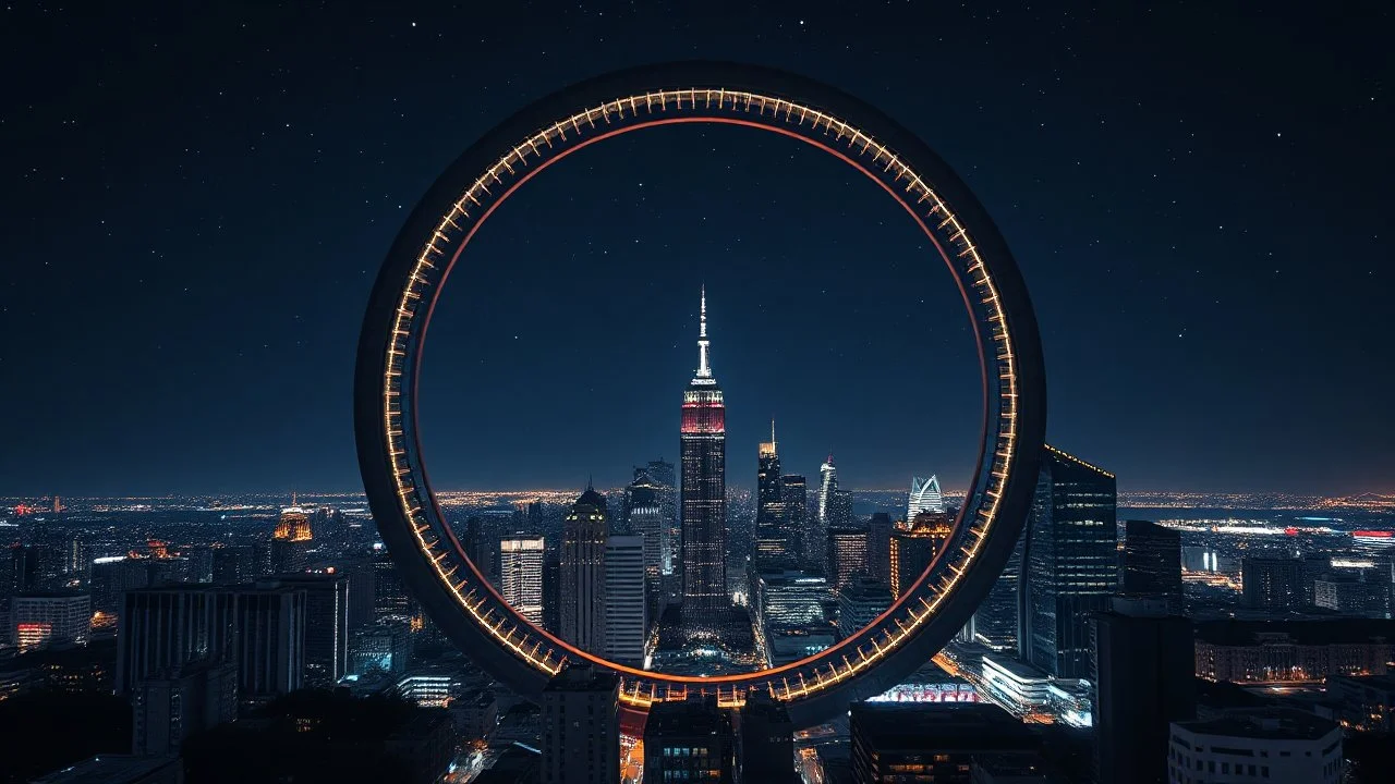 a city scape with skyscapers in a bdarkblue stary sky at background ,with a huge vertiacal ring structure like a lens zoom on midle-city