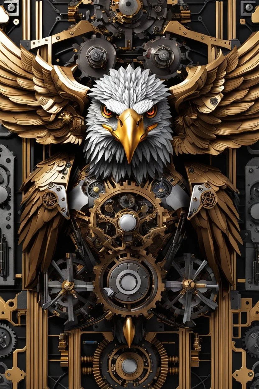 Facing front cyborg eagle straddle wings detailed, intricate, mechanical, gears cogs cables wires circuits, gold silver chrome copper