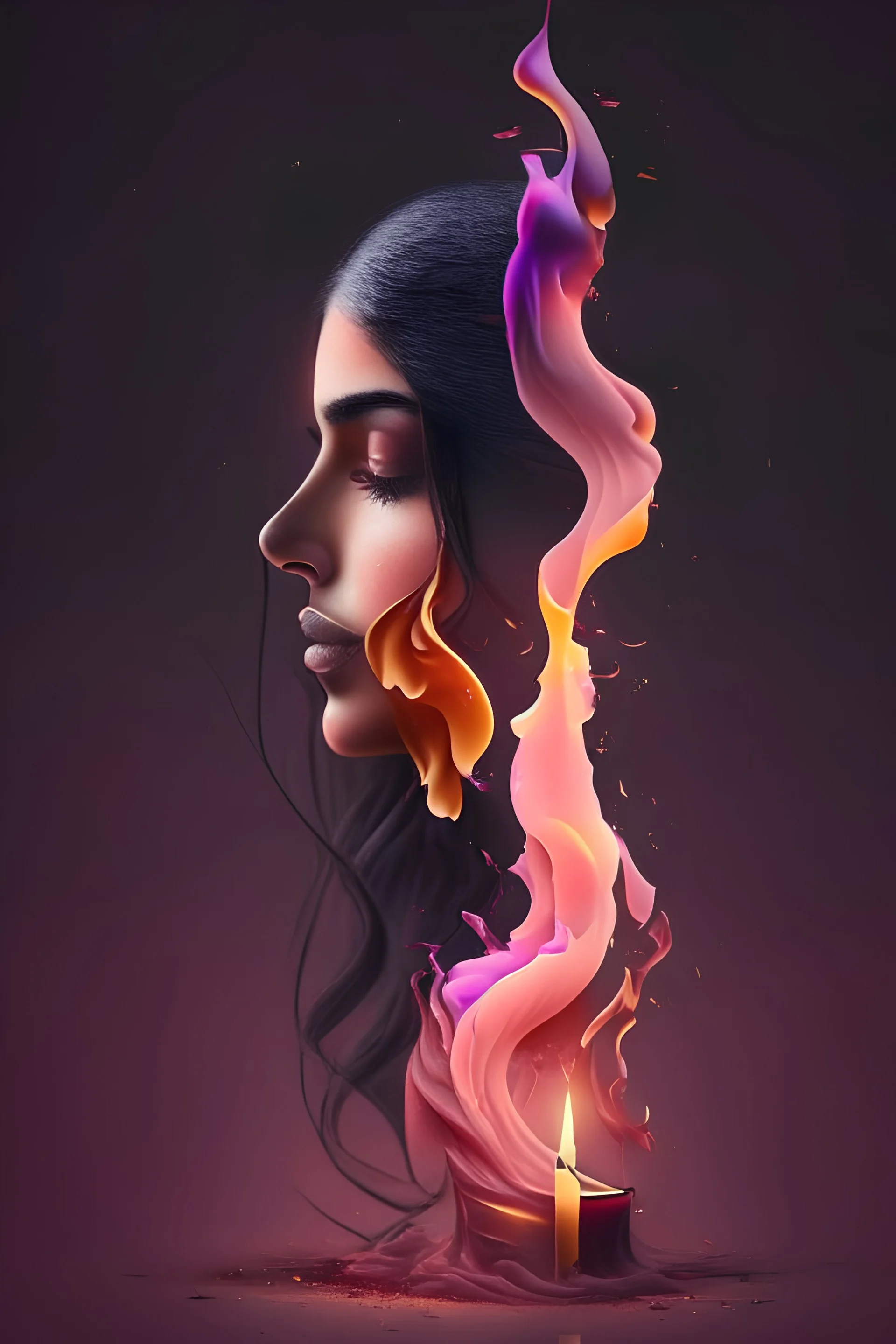 Professional logo 8k A long burning candle with melted wax at the edges, from which smoke of a pinkish color emerges, in the shape of arab girl