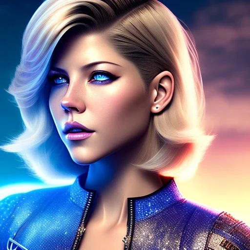 Katheryn Winnick, Cyborg anime warrior, light blonde short hair, pixie hairstyle, cobalt eyes, waist up portrait, 8k resolution, retroanime, intricate details, neon details, soft lighting, vibrant colors, masterpiece, intricate eyeliner, dark eyeshadow, eyes, intricate tattoos, gradient background