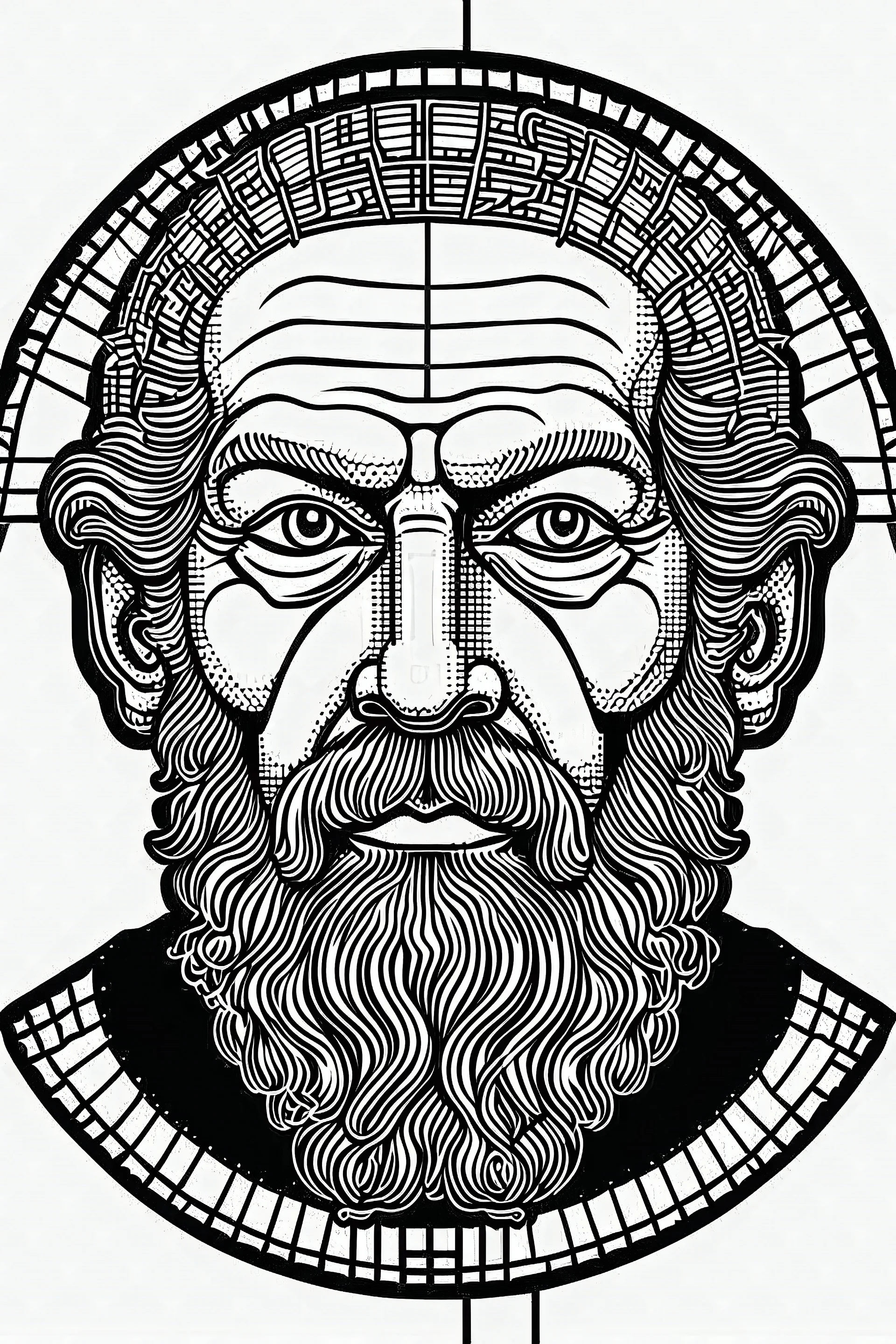 A black-and-white outlined drawing of greek philosoph Socrates (face only) for kid's colouring books with mosaic effect and mosaic detailed background