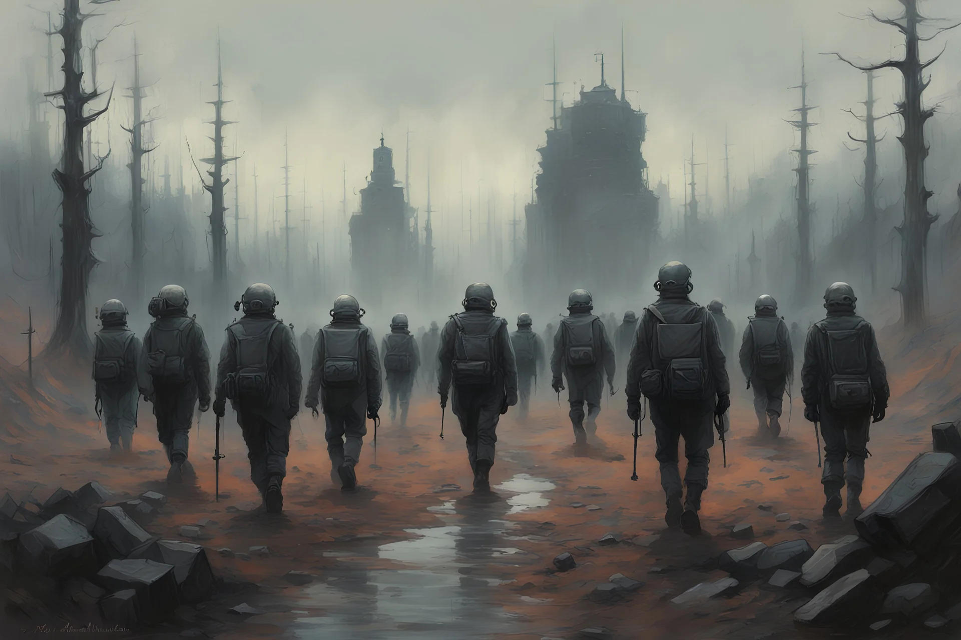 marching machine soldiers, creepy landscape, techno gothic visual composition, science fiction painting, Denis Sarazhin, Quint Buchholz, Simon Stålenhag, Neil Blomkamp, Christopher Shy, Alejandro Burdisio, RAW, gritty high contrast, atmospheric horror, unsettling art, dark palette, harsh colour