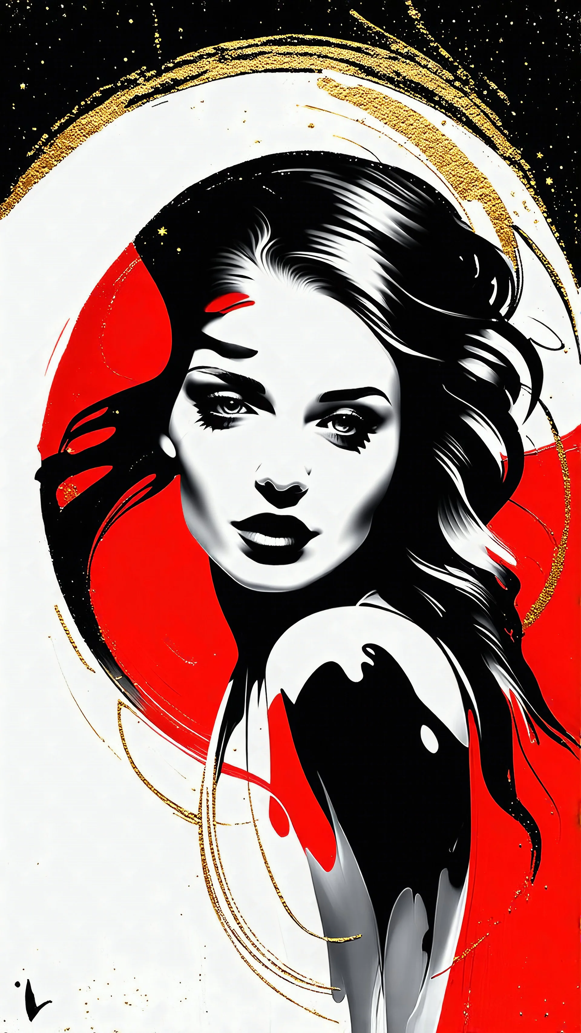 "abstract painting, a beautiful woman face, with a background dominated by red, white, black and sparkling gold. Emphasize the textured surface and combine the swirling crescent shape with gold lines. Include a little bit of intricate calligraphy-inspired detail in black inside a large circle or oval in gold."