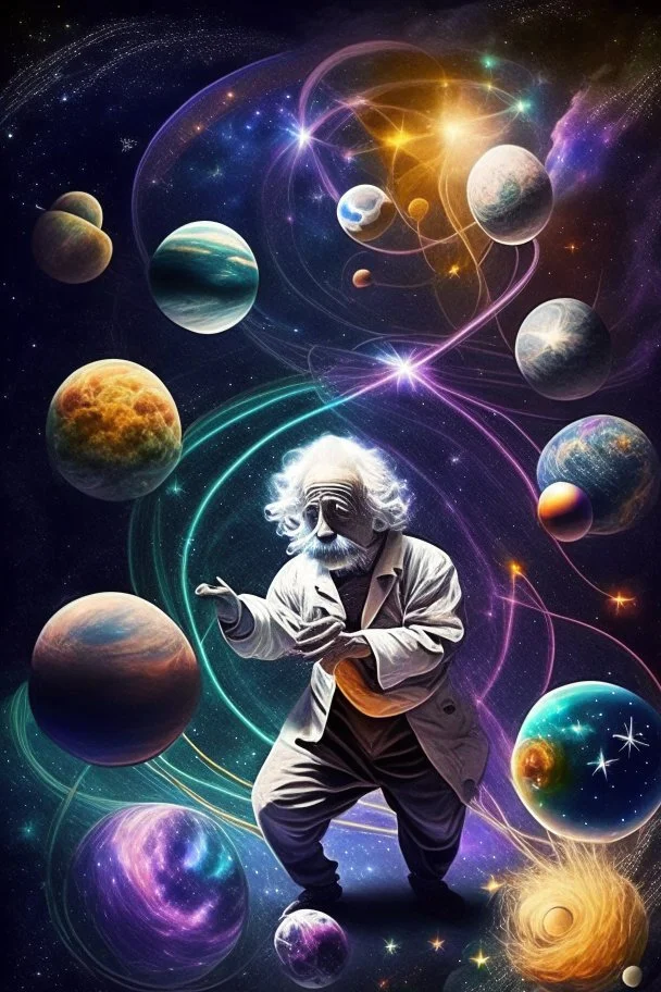 Albert Einstein playing with atoms in outerspace surrounded by planets, stars, cosmic gas, and moons