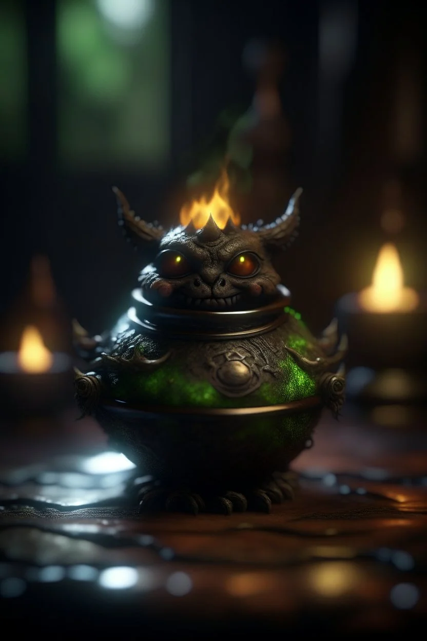 nightmare, cauldron with shining sigil and containing a slightly alien furball gremlin in it, prize winning oil painting, ,bokeh like f/0.8, tilt-shift lens 8k, high detail, smooth render, down-light, unreal engine