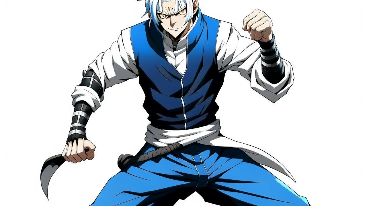 Satoru Gojo is a young tough guy white hair blue eyes black turtleneck without arms white loose pants in a defensive pose