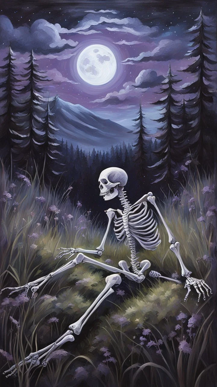 A oil painting of a skeleton sitting in the grass on the top of a hill, lookin into the night sky. A Forrest in the background. Painting. Purple colours. Blue colours. Night. Melancholic mood. Colorful.Pastel colours. Masterpiece.