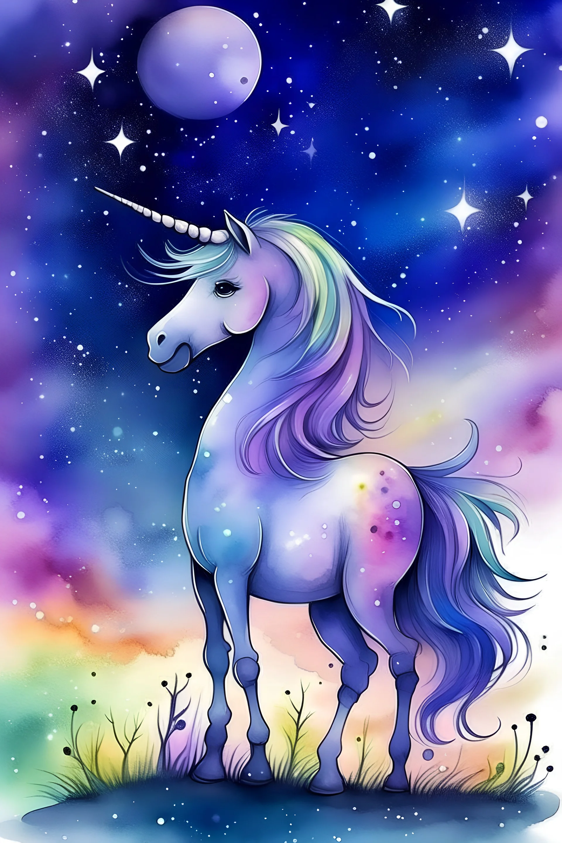 drawing of a cute little pony on its hind legs as a unicorn in watercolour, in the background a purple sky with stars and northern lights, splatter, art, aquarell