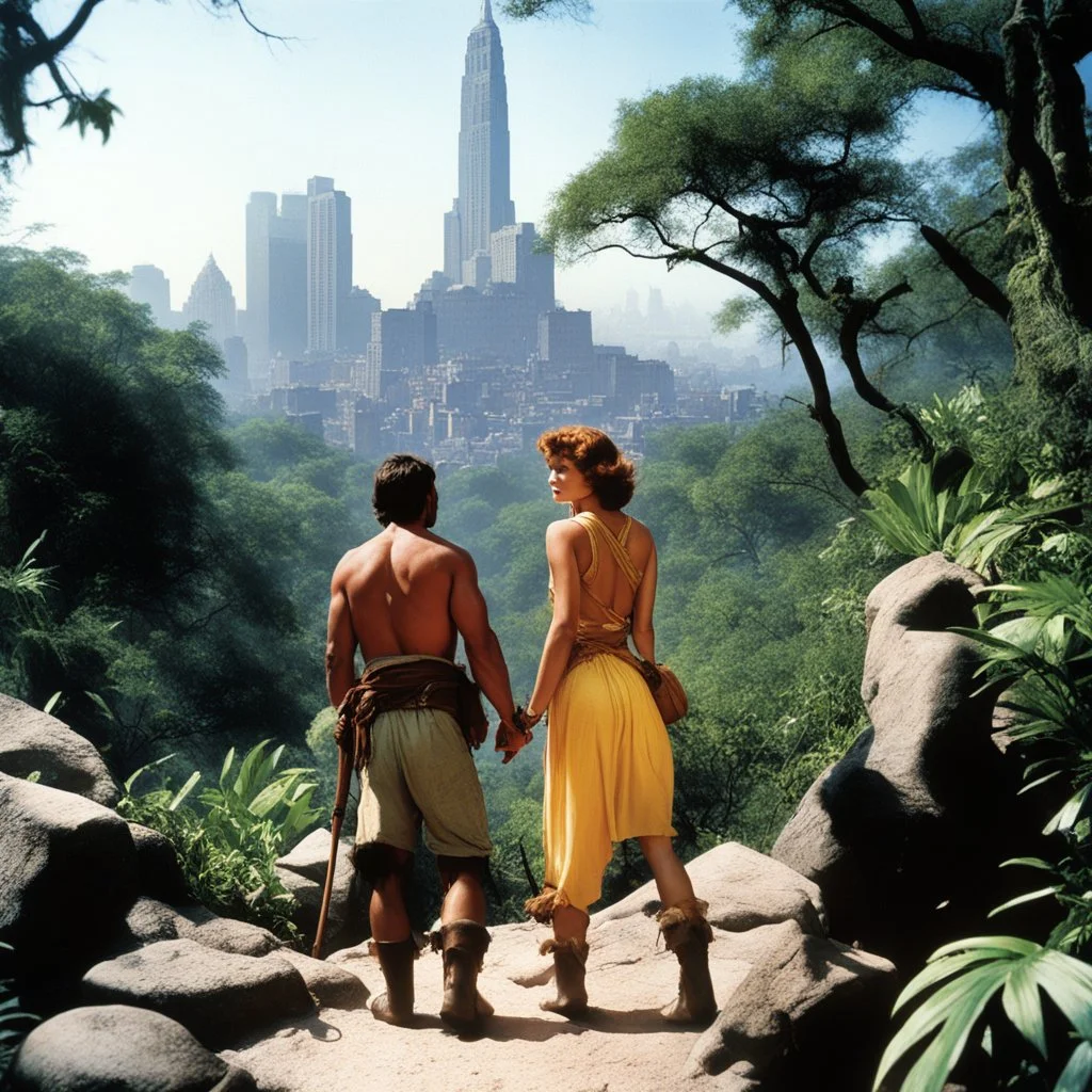 Ah, the intrepid Tarzan, Jane Porter, and their young son Korak embark on a grand adventure that rivals the epic tales of the legendary Argonauts. In this high-resolution photo captured by the esteemed Russ Meyer, the family of explorers stands poised at the bustling heart of New York, their eyes alight with the fire of wanderlust and discovery.
