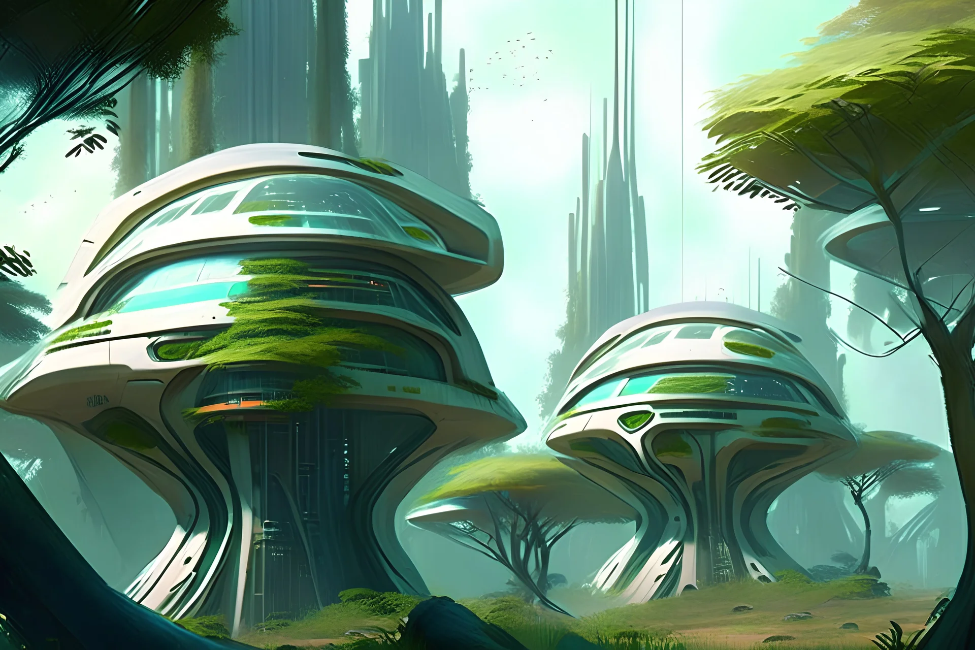 Futuristic buildings near the trees, sci-fi, concept art, claude monet influence, realistic painting