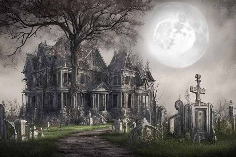 haunted house, grave yard, one moon