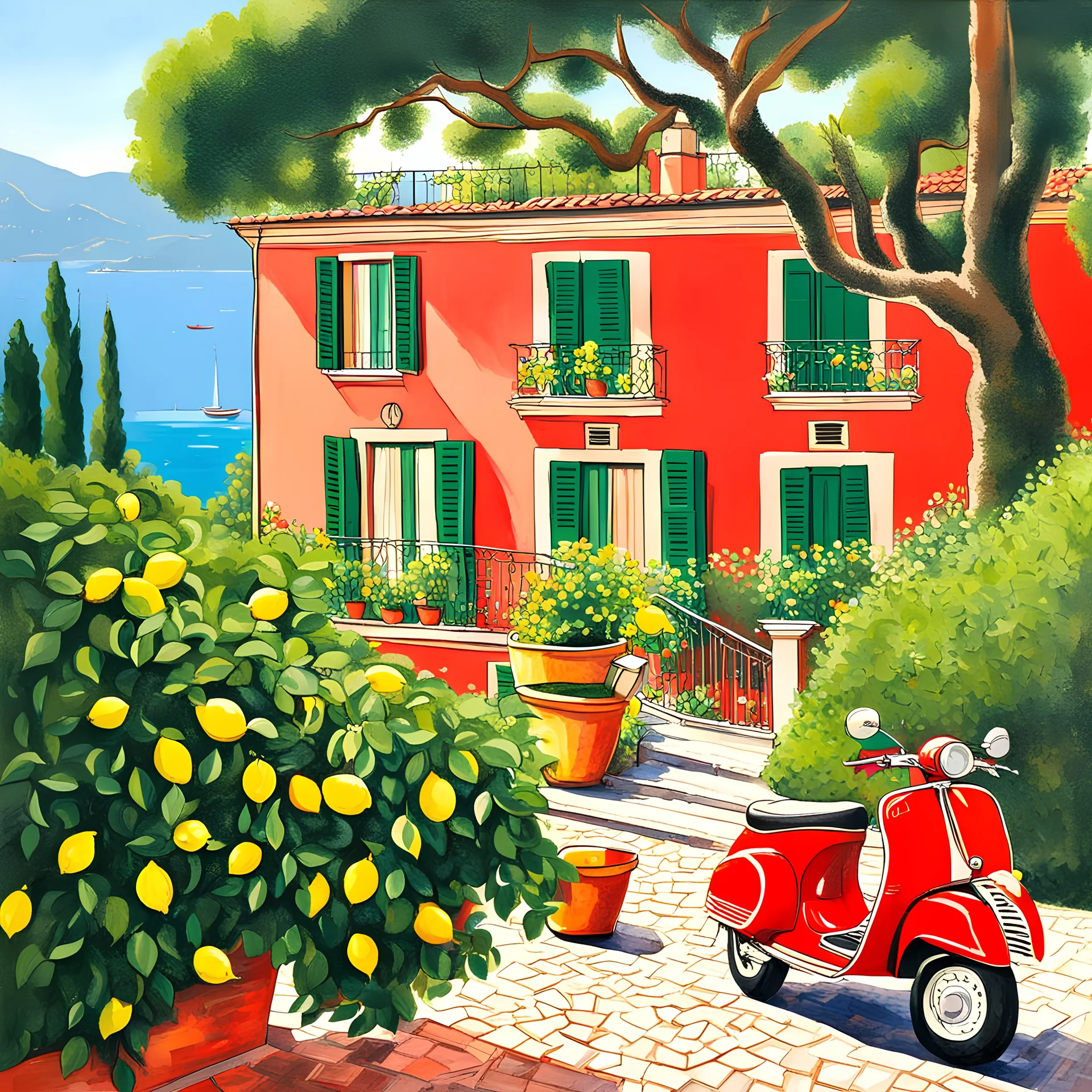 Italian villa in Portofino with lemon tree with sea view and a Red vespa