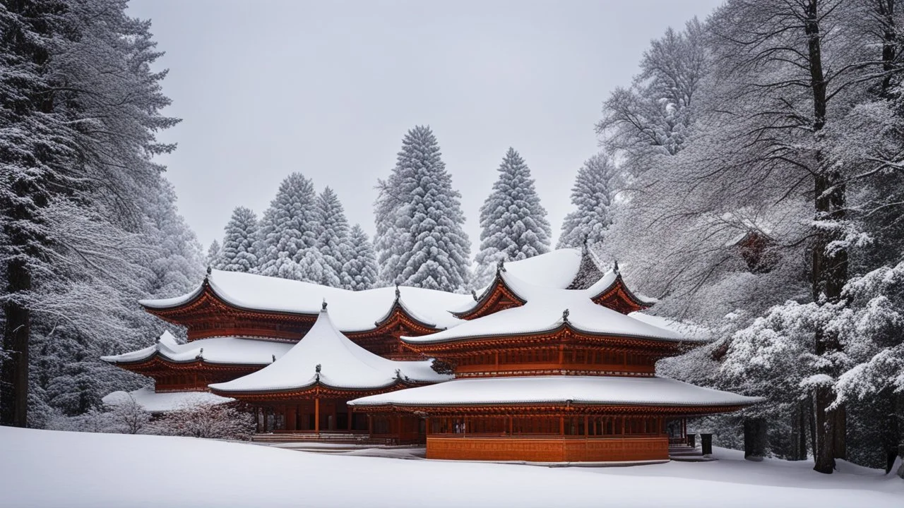 2055, rule of thirds, delightful, sensitive, confident, undulating sinusoidal monastery with pointed hyperbolic roofs, forest, delicate, thick snow, symmetrical, exquisite architecture, innovative design, perfect symmetry, award-winning photograph, beautiful composition, filled with beautiful detail, delicate colour, chiaroscuro