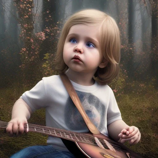 Mystery Kurt cobain toddler, full body, guitar, dramatique, art background, dramatic lighting, volumetric lighting, hyperrealisme, 8k, high quality, lot of details, fit within portrait, hyper realistic, unreal engine 5, uhd